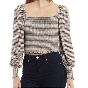 Gianni Bini Angel Blouse Size Medium Cropped Smocked Puff Sleeve Brown Plaid NWT